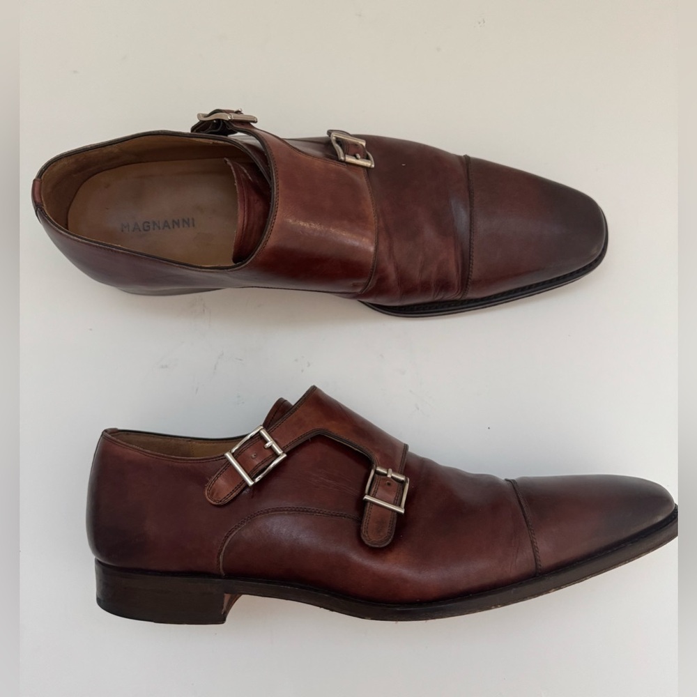MAGNANNI Brown Leather Double Monk Strap Loafer Shoes Size 11